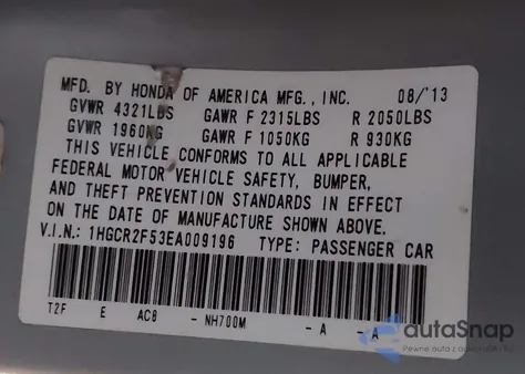 2014 Honda Accord Sport z USA, uszkodzony, nr VIN 1HGCR2F53EA009196